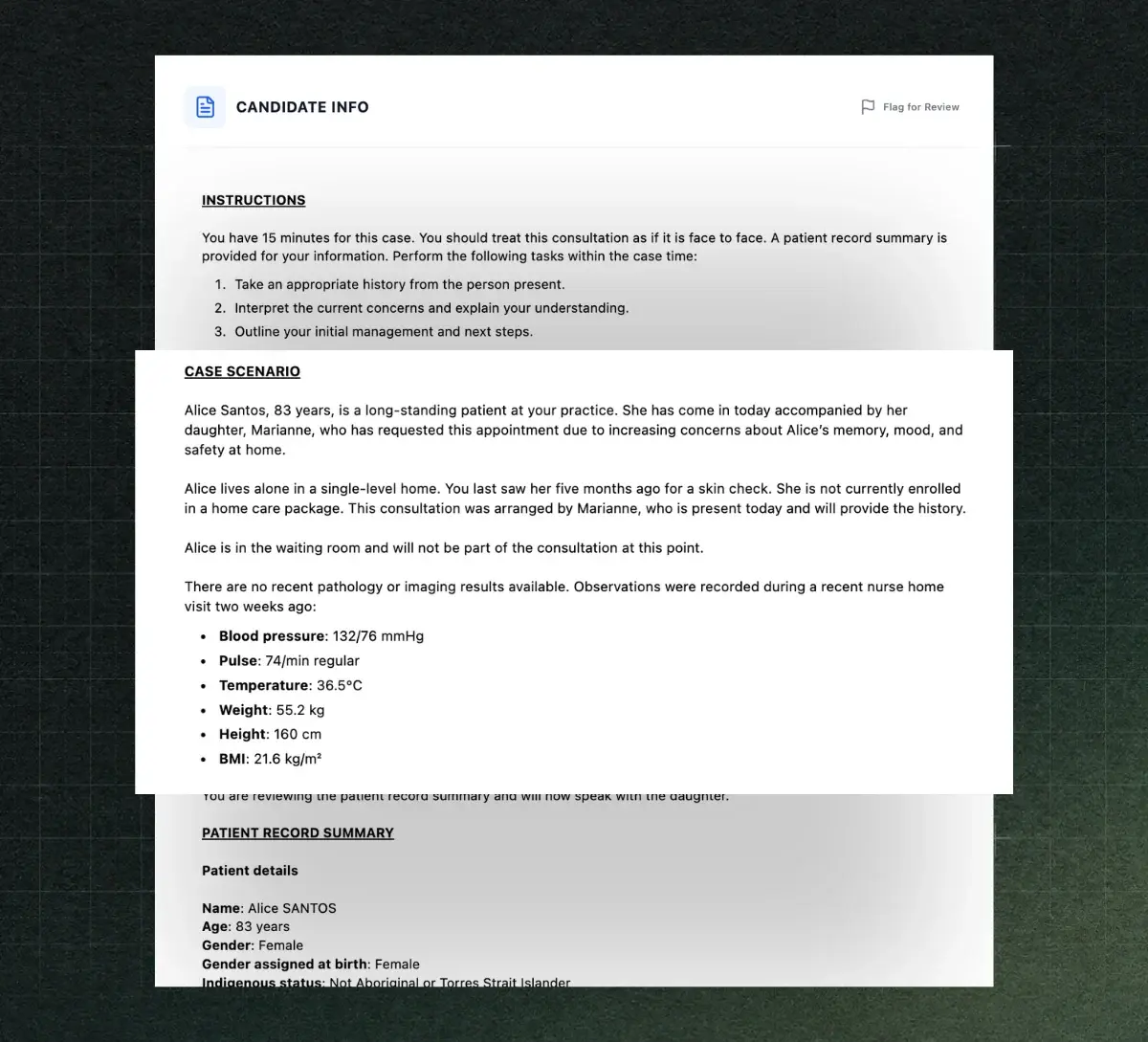 A Fellow Academy CCE case: candidate instructions, case scenario and patient record summary