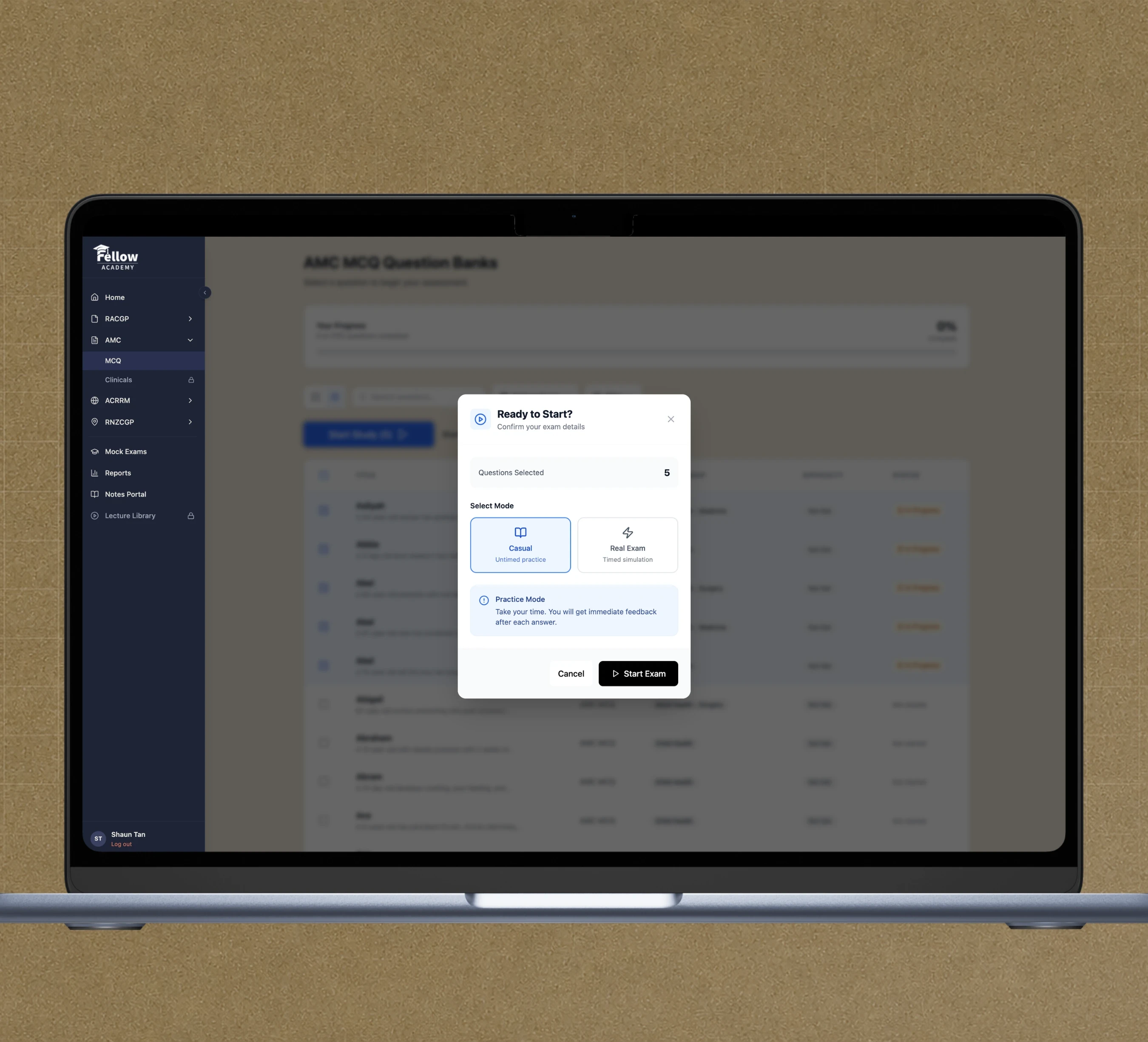 The AMC Part 1 question bank in the Fellow Academy platform