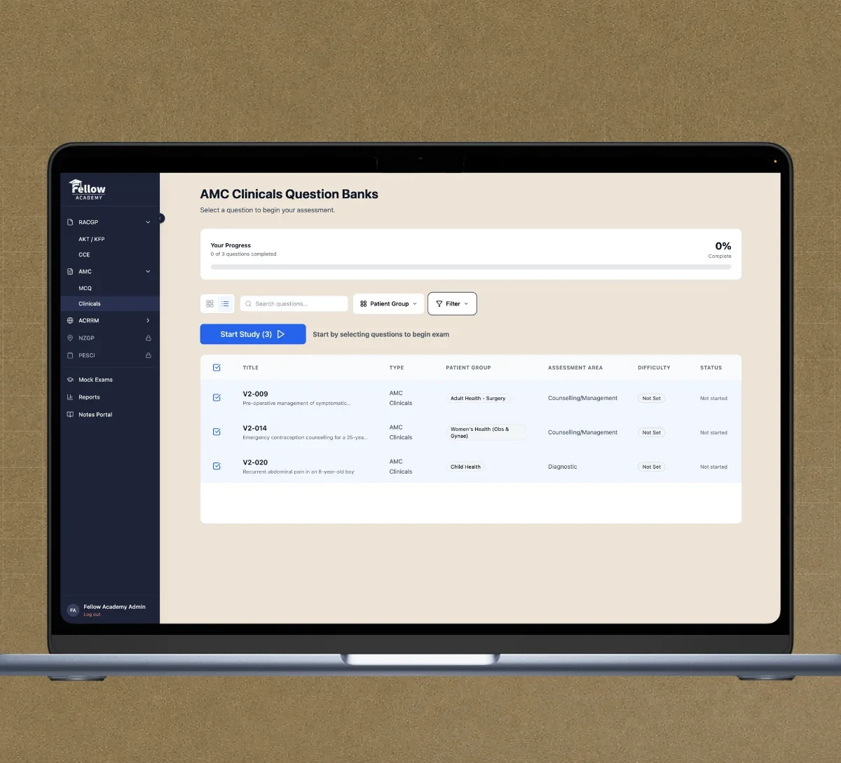 The AMC Clinicals question bank in the Fellow Academy platform