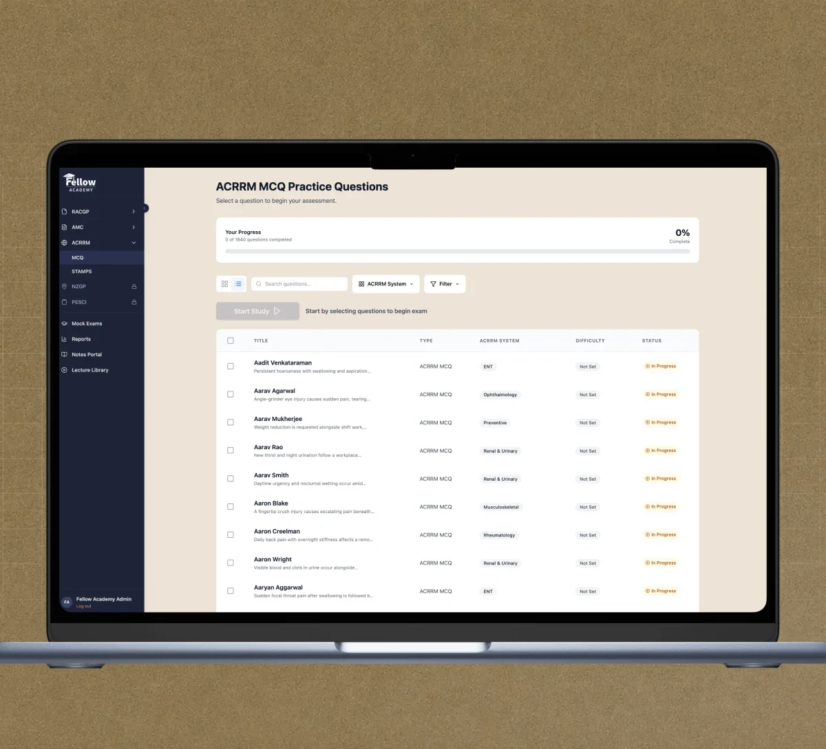 The ACRRM MCQ question bank in the Fellow Academy platform
