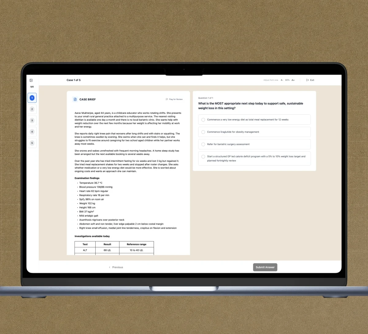 An ACRRM MCQ case brief with its four options
