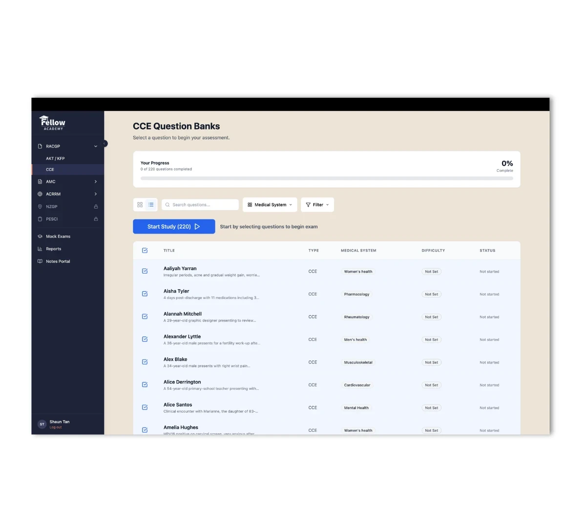 The Fellow Academy CCE question bank, listing cases by medical system with difficulty and progress tracking