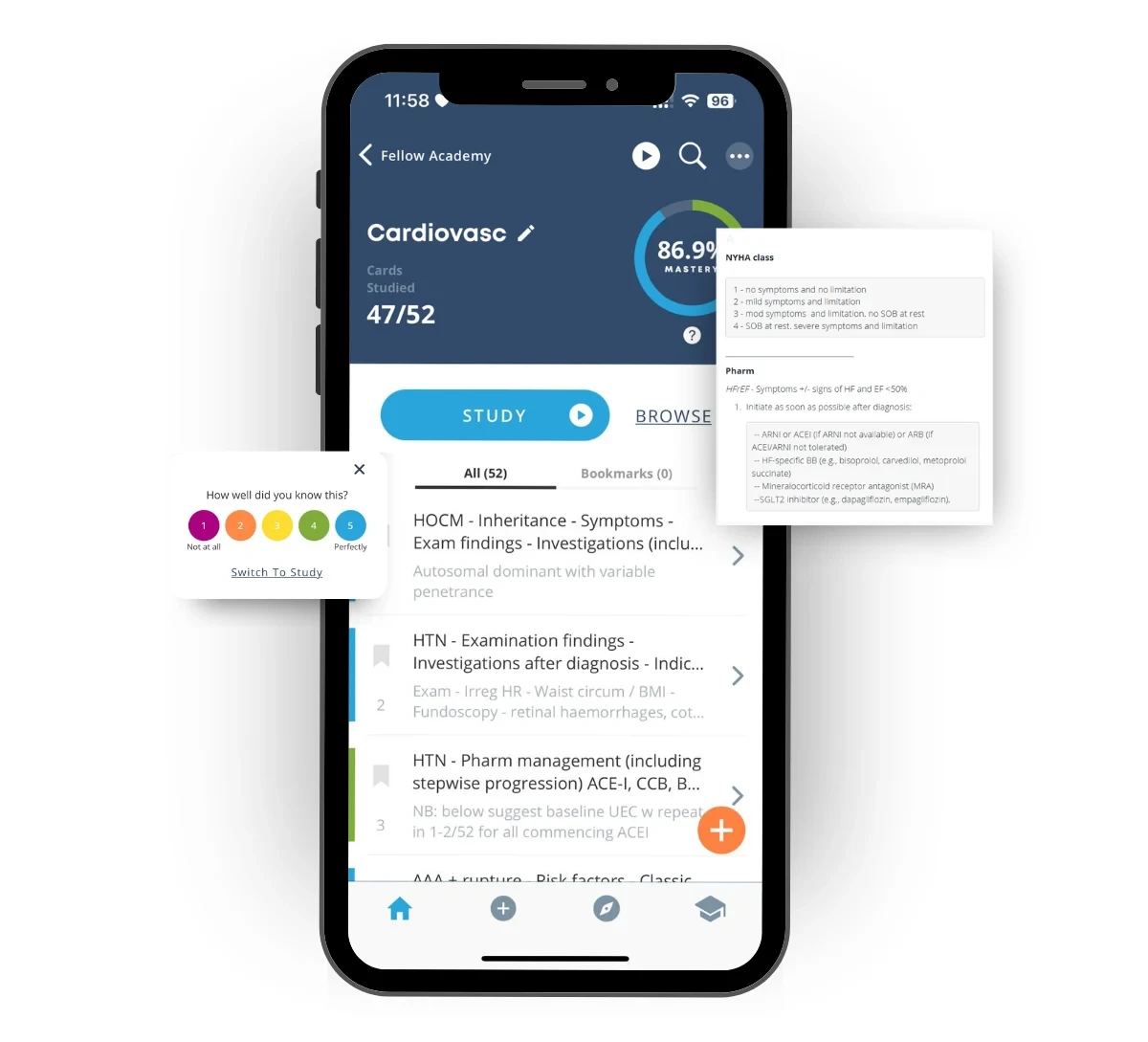 The Fellow Academy flashcard app on a phone, showing a cardiovascular deck
