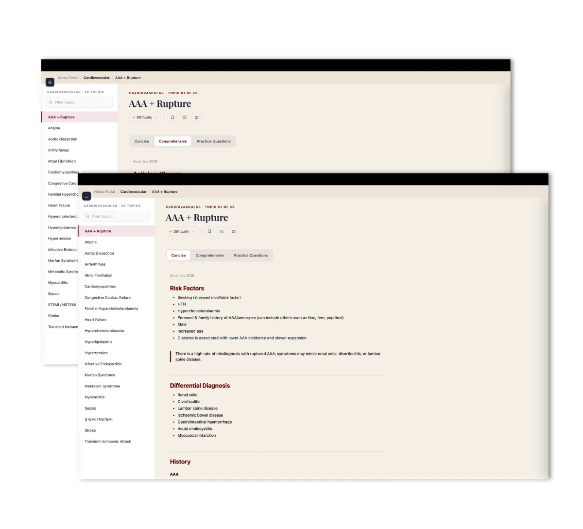 A clinical topic guide in the Fellow Academy notes portal, with concise and comprehensive views of the same topic