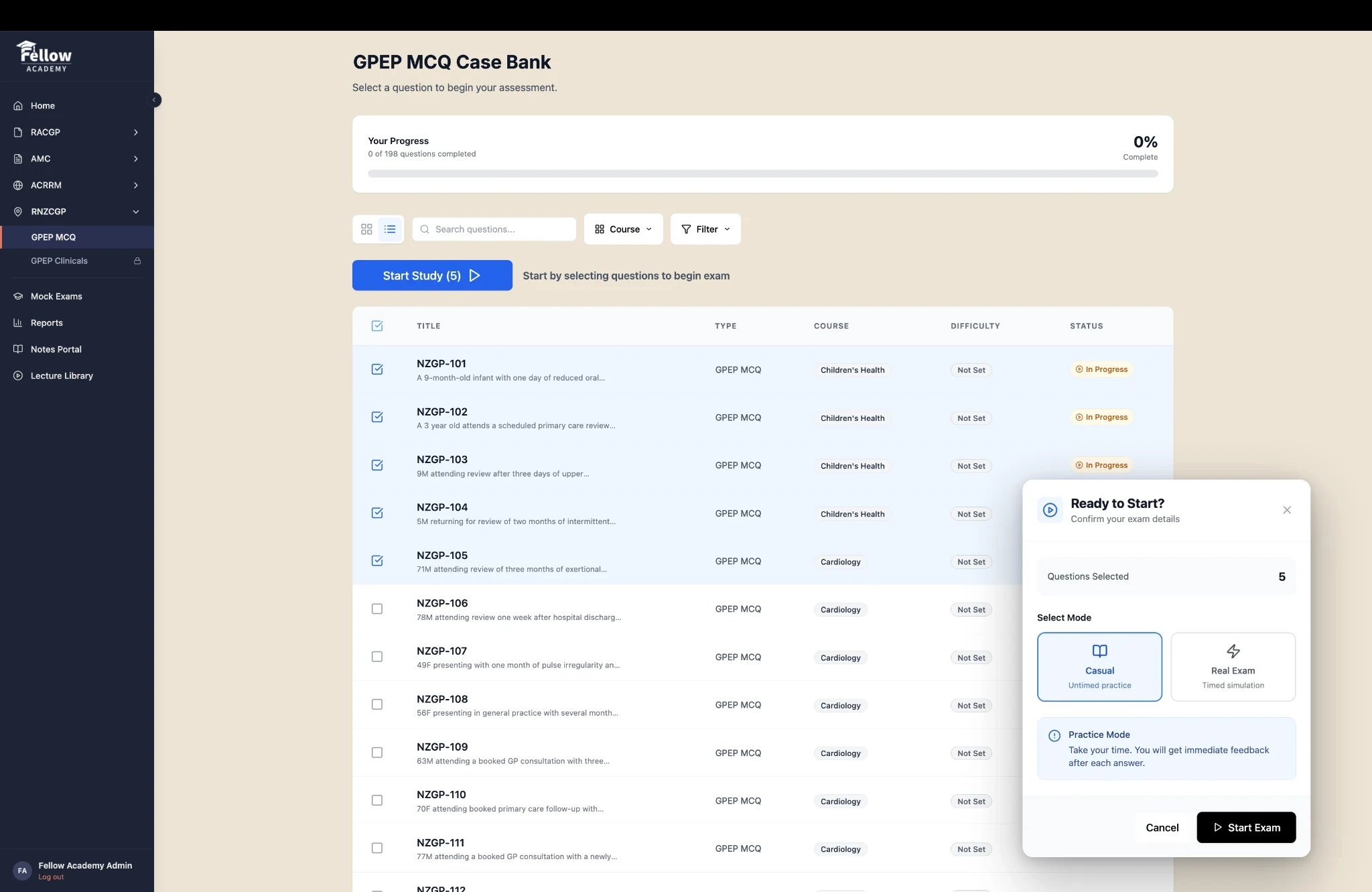 The GPEP MCQ Case Bank on the Fellow Academy platform, with the exam mode picker open