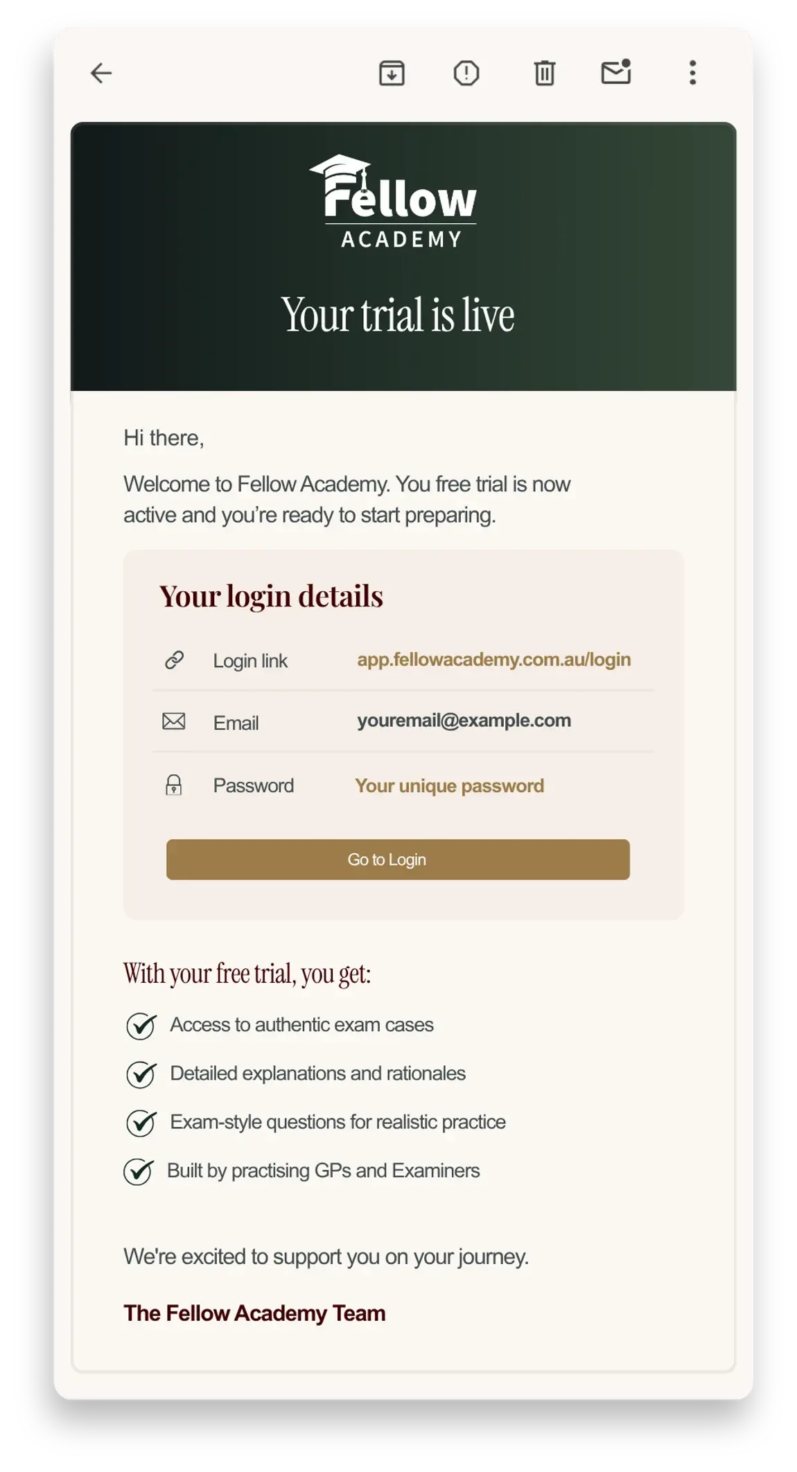Preview of the Fellow Academy trial email, showing your login link, email address and password.